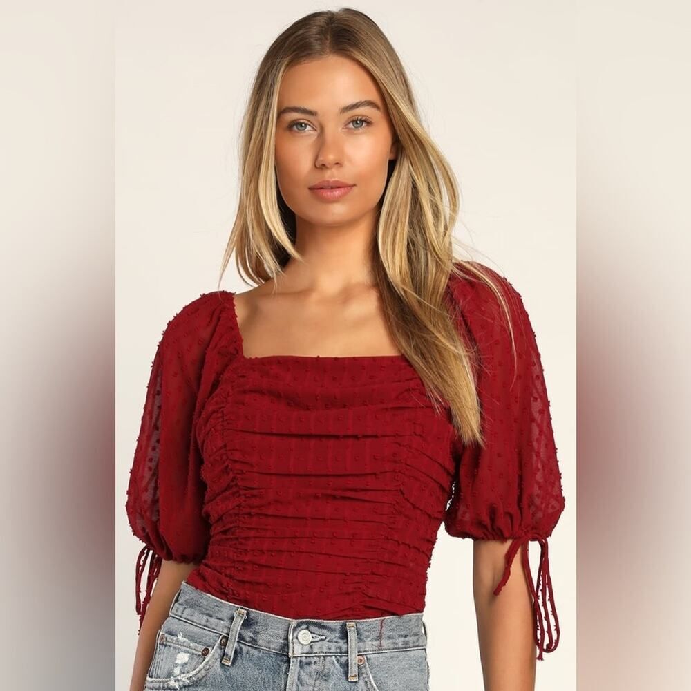 Lulus Think of Me Wine Red Swiss Dot Ruched Bodysuit